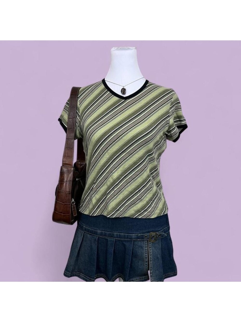 y2k green striped preppy boho summer tee
